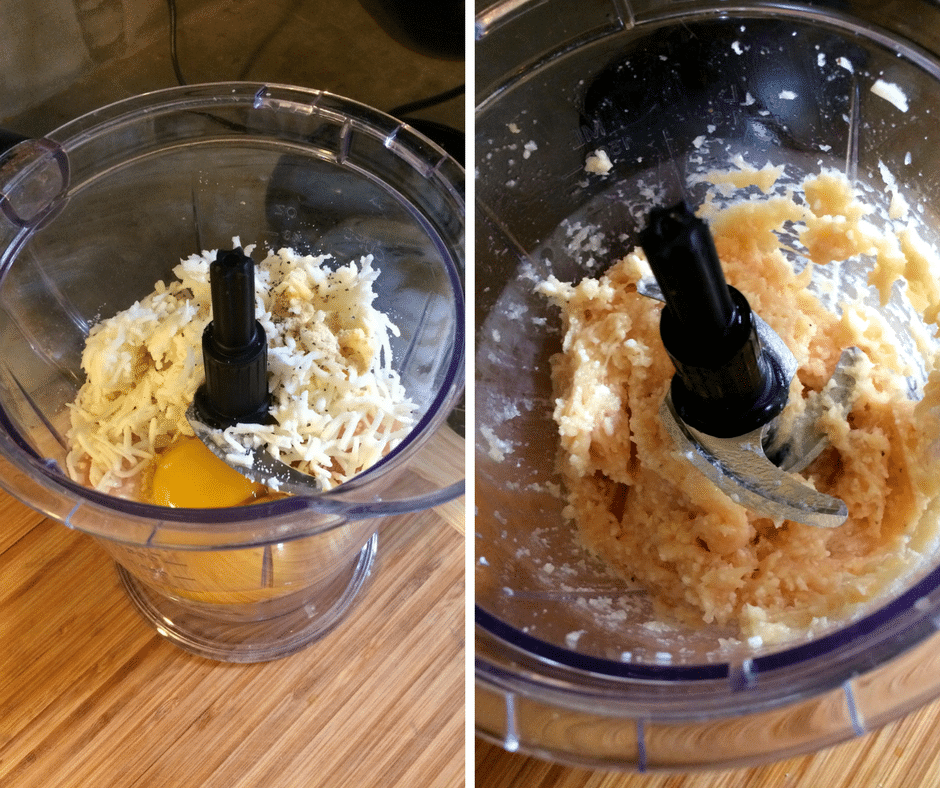 two images showing the steps for making chicken crust pizza