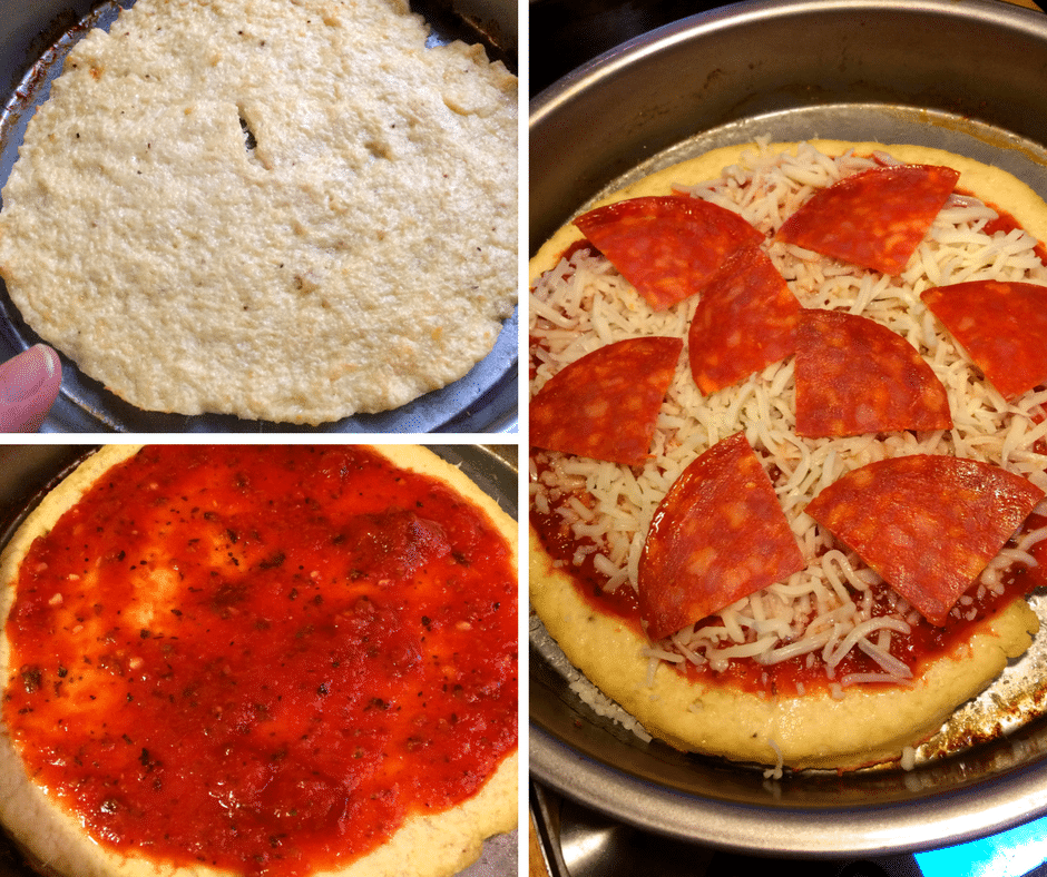 3 images showing the steps for adding toppings to a pizza