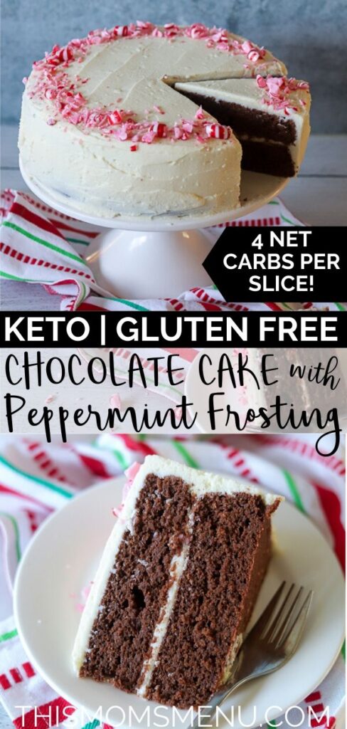 a two image collage of keto peppermint cake with text overlay