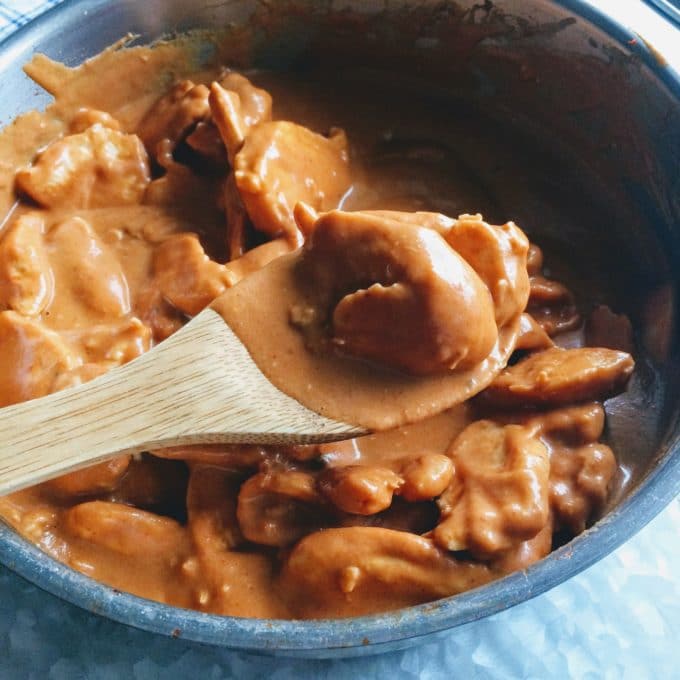 keto thai peanut curry in a skillet 