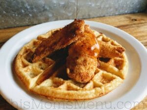 This recipe for Chicken and Waffles is the stuff dreams are made of! With only 4.5 net carbs, its completely keto friendly and gluten free. It makes the perfect breakfast, but an even better breakfast for supper! Top it with your favorite low carb syrup and enjoy!!