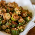 Low carb fried okra on a white plate