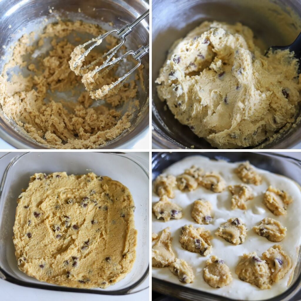 a four photo collage showing the steps for making keto chocolate chip cookie cheesecake bars.
