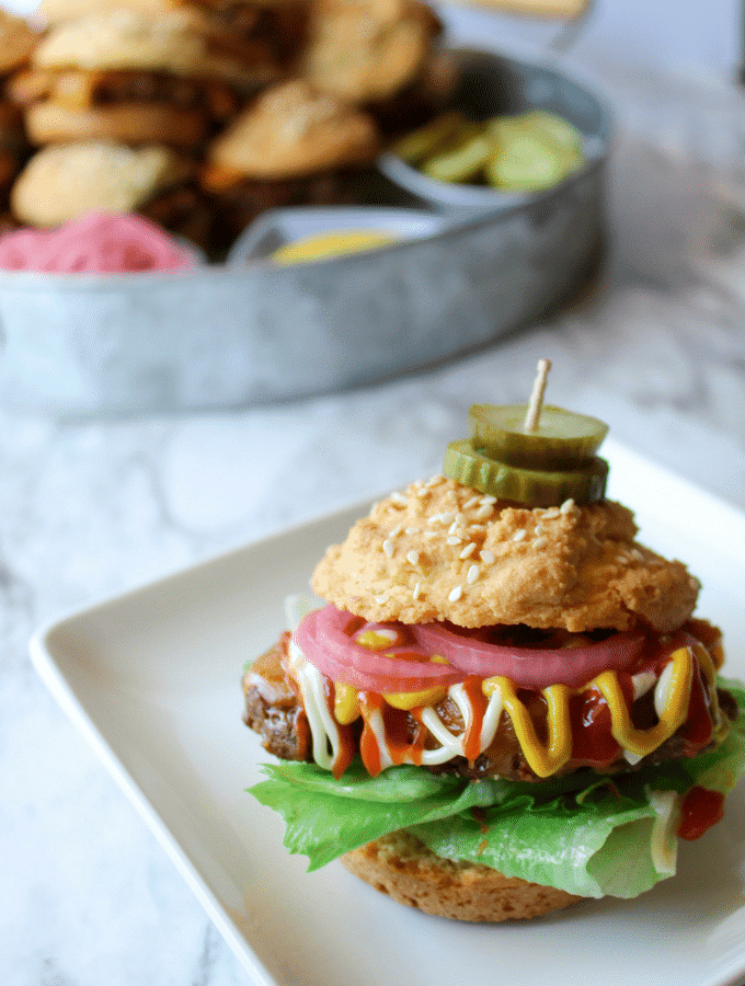 A bacon cheeseburger slider on a keto bun. 