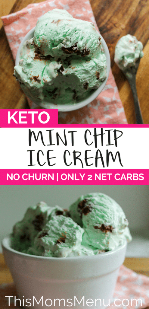 a two image collage of low carb mint chip ice cream with a text overlay.