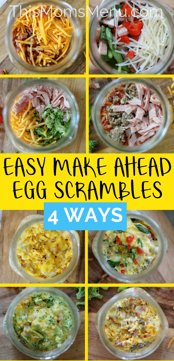 Homemade egg scrambles in small mason jars with text overlay