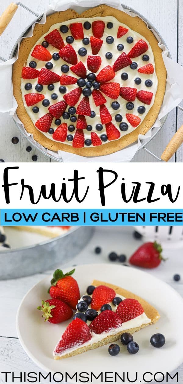 A two image collage showing a full keto fruit pizza, over a single slice with text in the center.