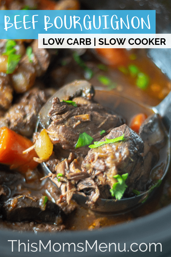 low carb beef bourguignon being served from a crockpot with text overlay. 