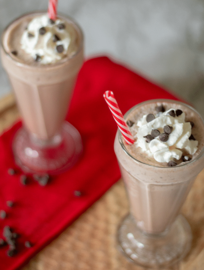 two glasses filled with a low carb chocolate milk shake topped with whipped cream and chocolate chips