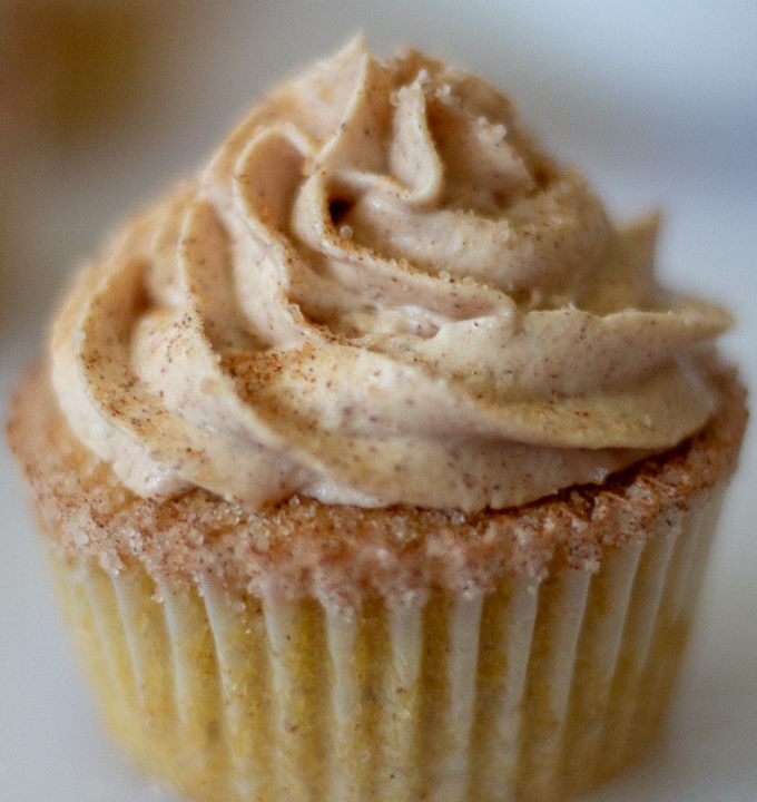 A single keto churro cupcake topped with cinnamon cream cheese frosting and a cinnamon sugar sprinkle