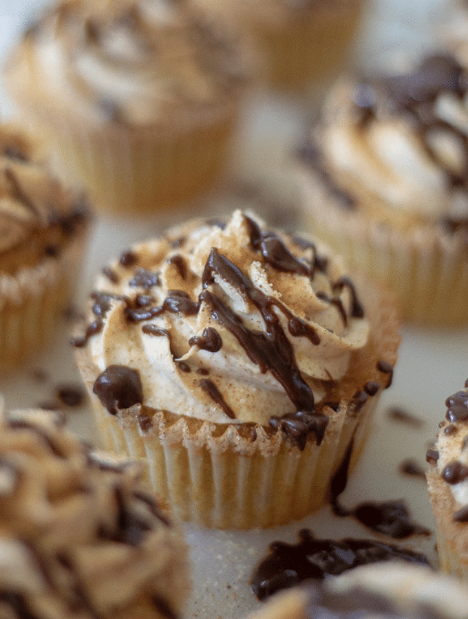 cupcakes with cinnamon cream cheese frosting and drizzled with chocolate