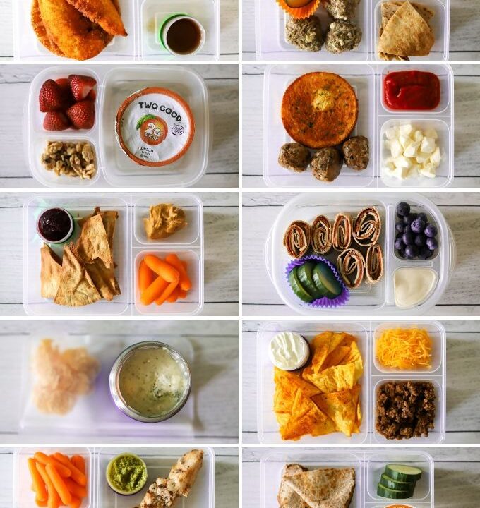 a photo collage showing 10 low carb packed lunches for school with various items.