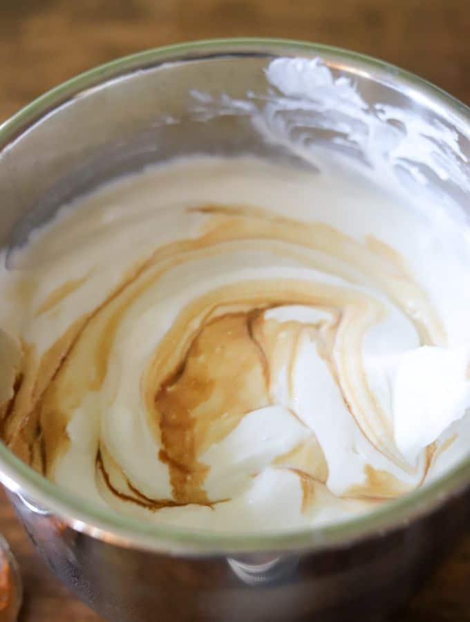 Homemade low carb yogurt inside an instant pot, with swirls of vanilla extract