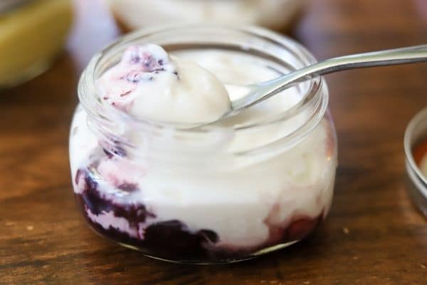 Glass jar with homemade keto friendly blueberry noosa yogurt