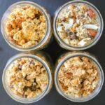 keto granola in four flavors, banana bread, almond joy, chocolate peanut butter, and carrot cake.