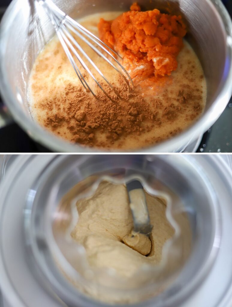 A 2 photo collage showing the process for making homemade pumpkin ice cream