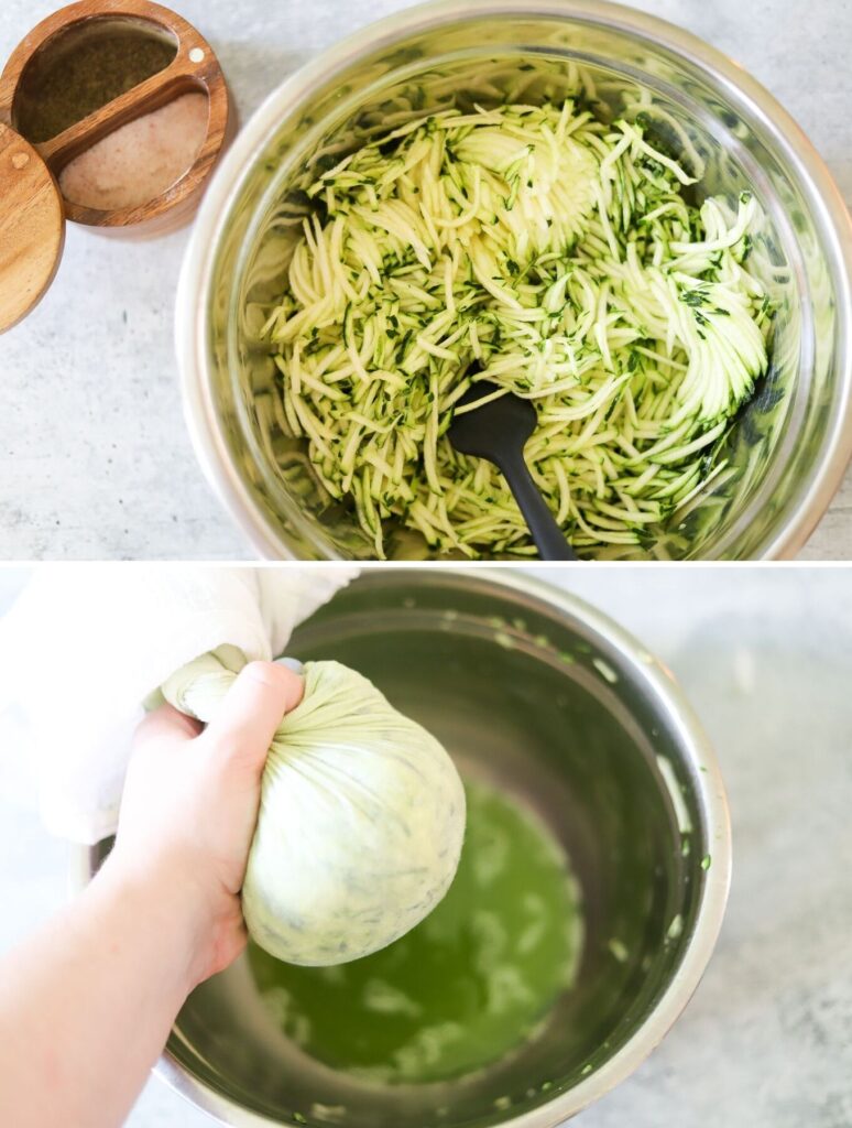 a two image collage showing the first few steps for making zucchini tots