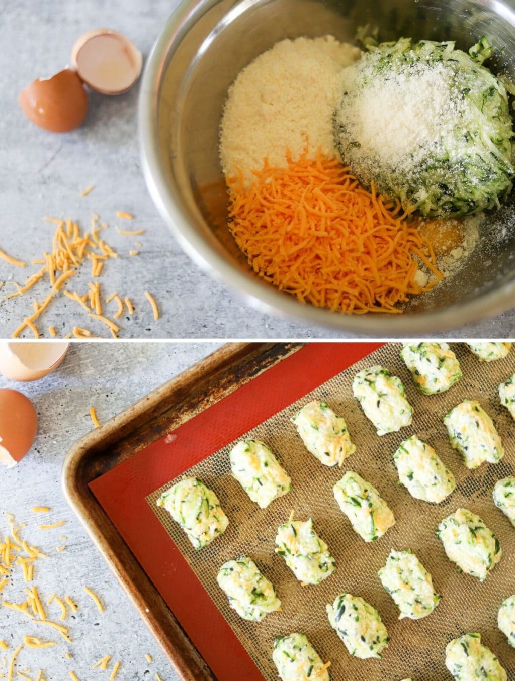 a 2 image collage showing the last few steps for making homemade zucchini tots in the air fryer or oven