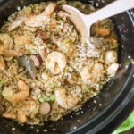 low Carb jambalaya with chicken, shrimp, and sausage in a crock pot