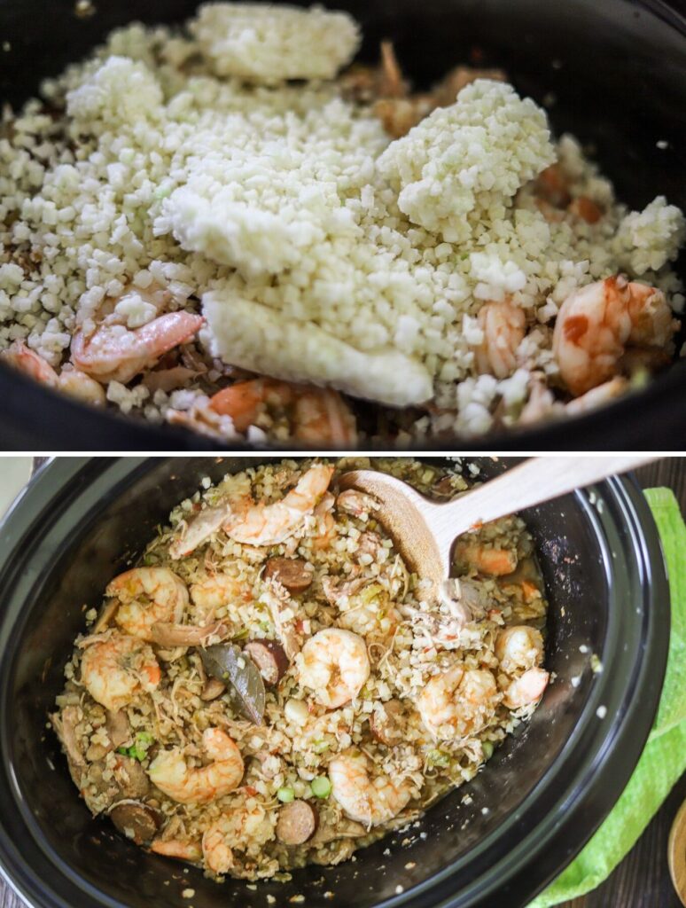 a two image collage showing the final steps for making keto jambalaya in the slow cooker