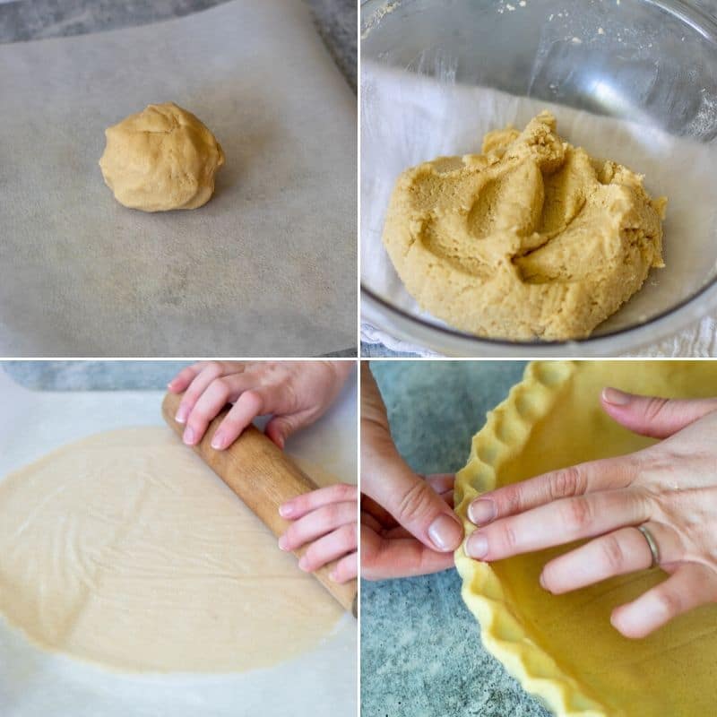 A four image collage showing the steps for mixing, rolling, and crimping the edges of keto pie crust