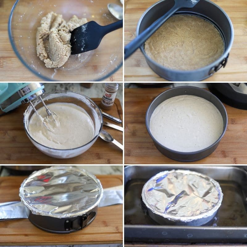A six image collage showing the steps for making a keto eggnog cheesecake