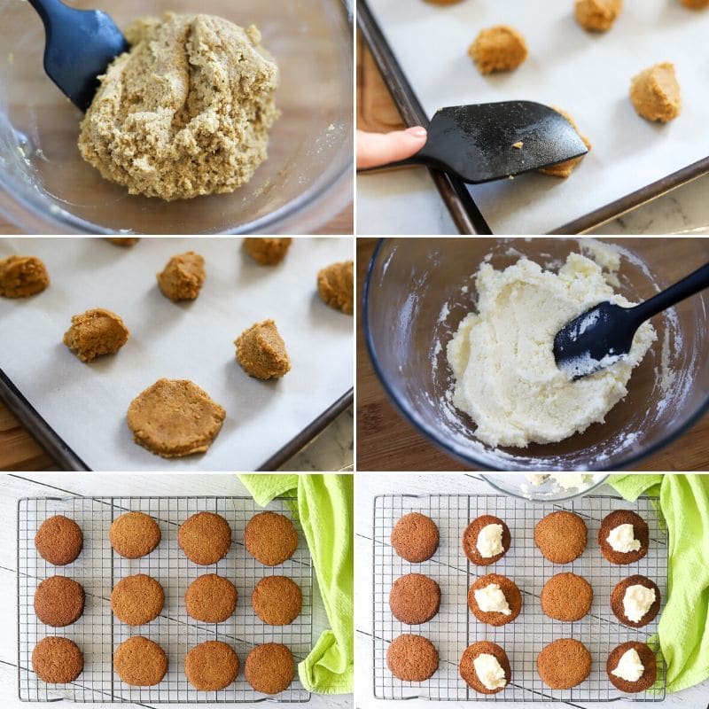 a six image collage showing how to make keto gingerbread cookies into whoopie pies