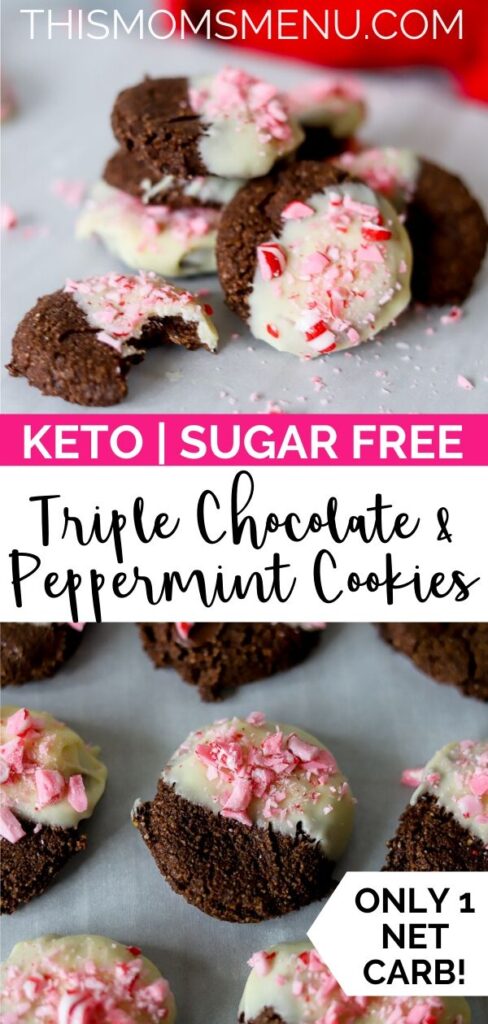keto triple chocolate and peppermint cookies image collage with text overlay