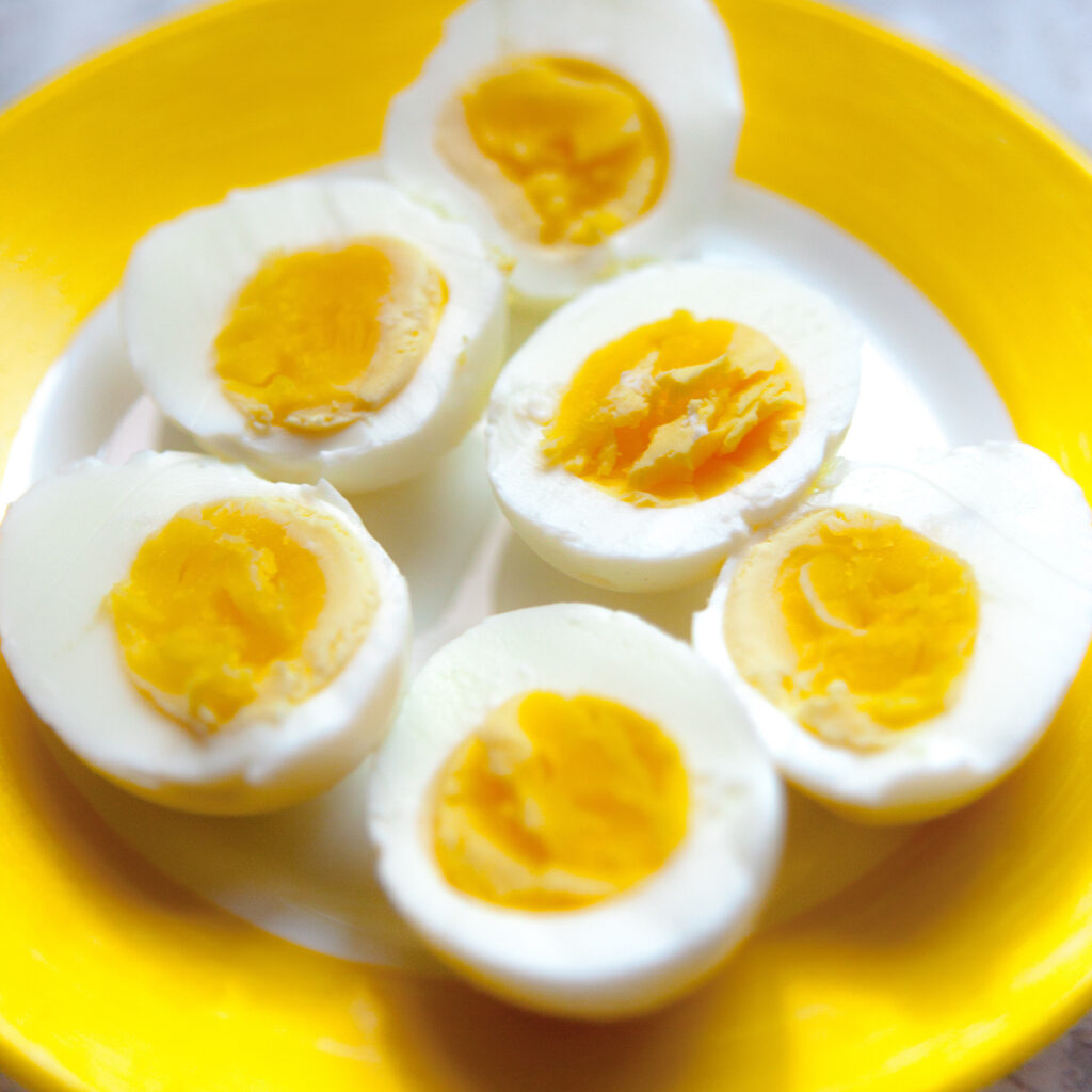a yellow plate  with 6 hard boiled egg halves