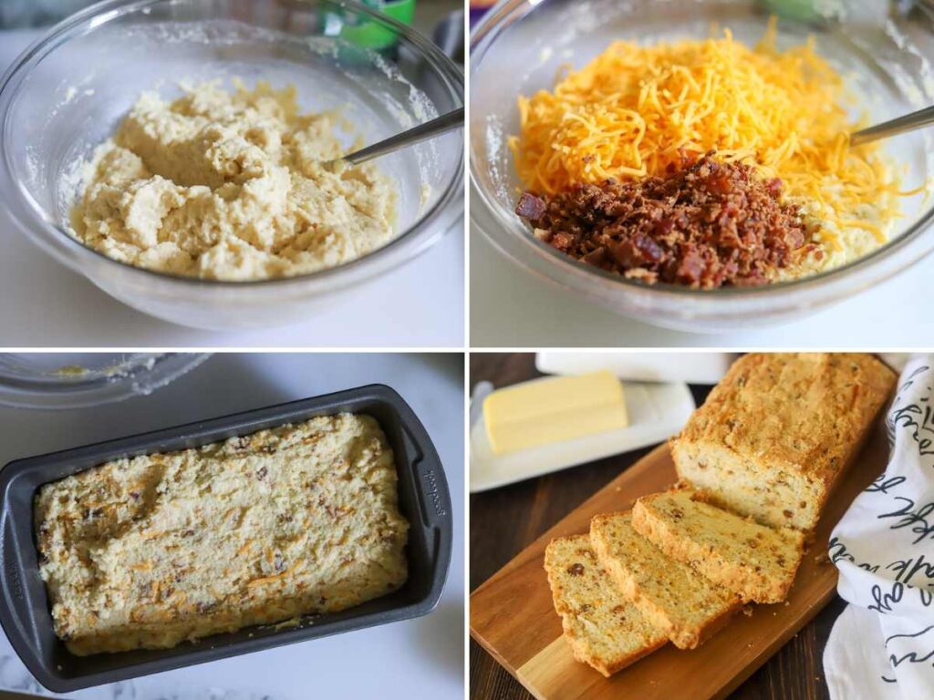 A four image collage showing the steps for making keto cheddar and bacon beer bread