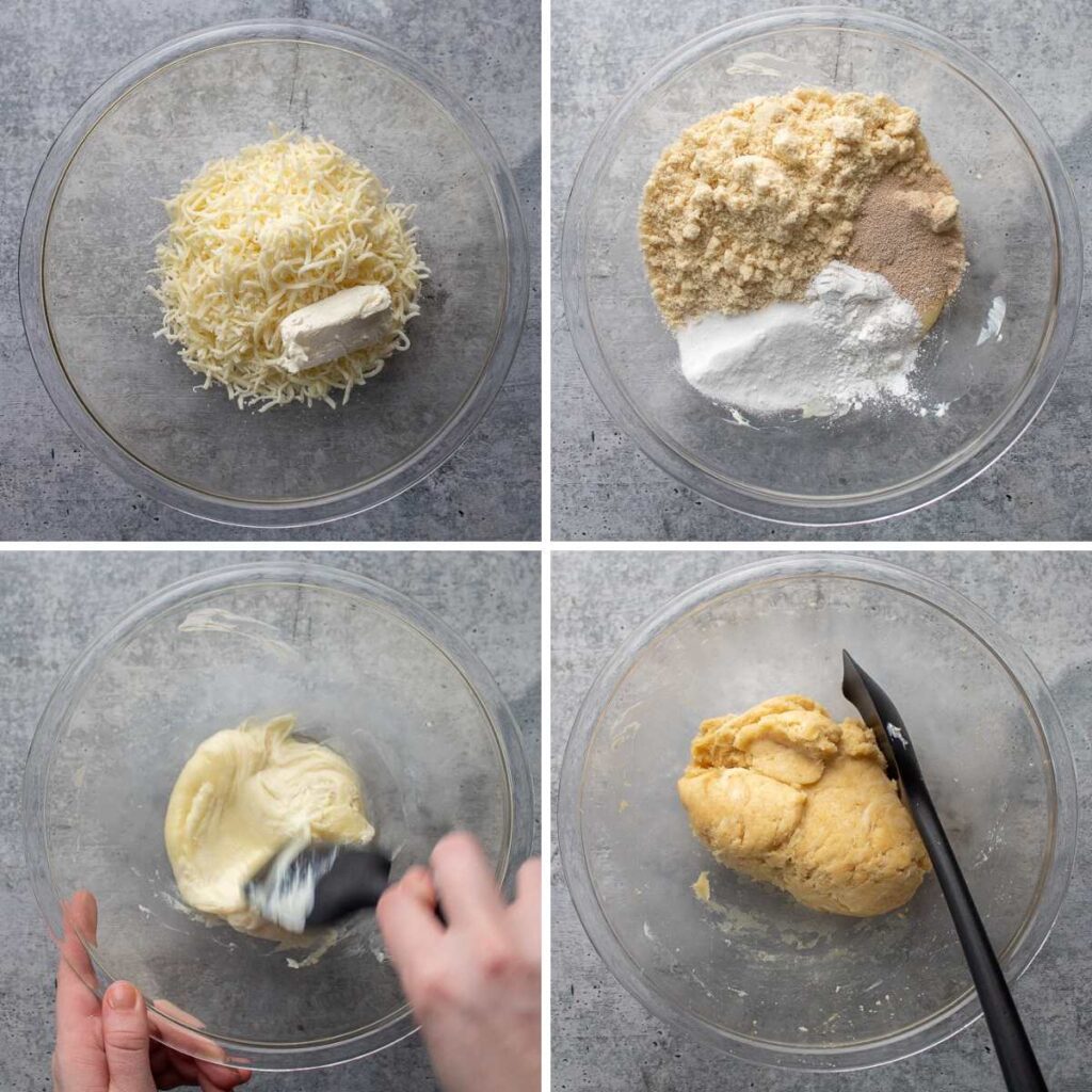 a four image photo collage showing the first 4 steps for making these soft pretzels.