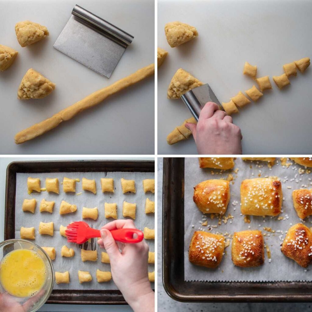 a four image photos collage showing the last 4 steps for making keto soft pretzels.