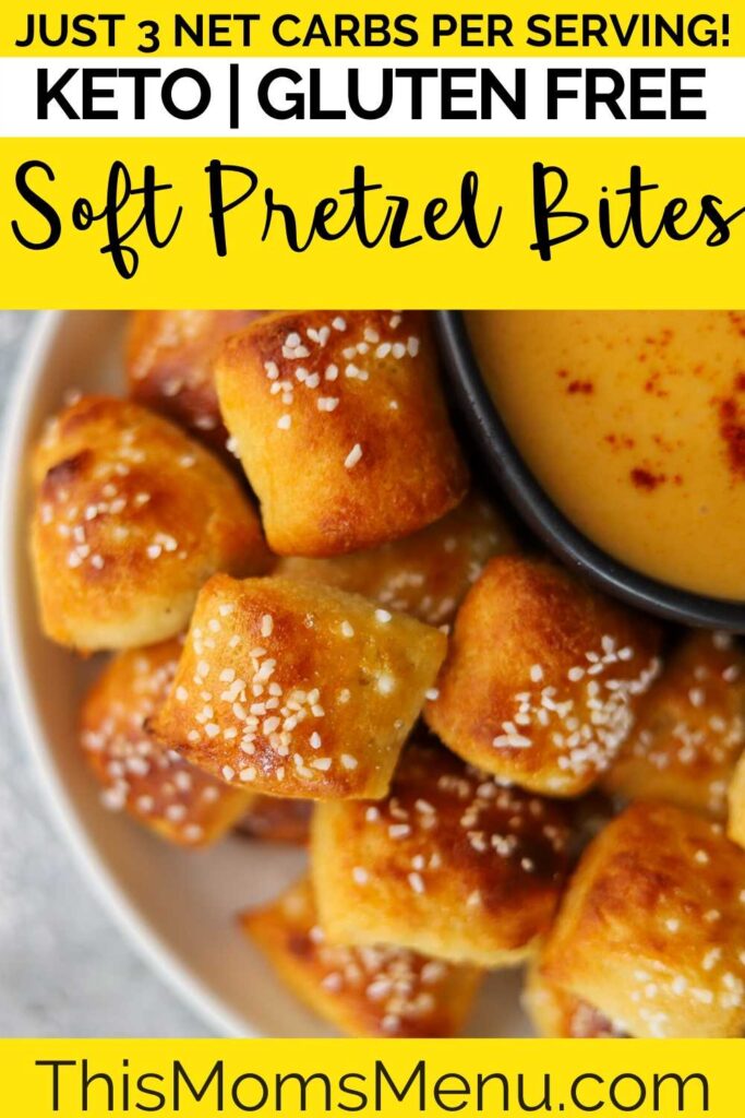 a plate full of soft pretzel bites with text overlay