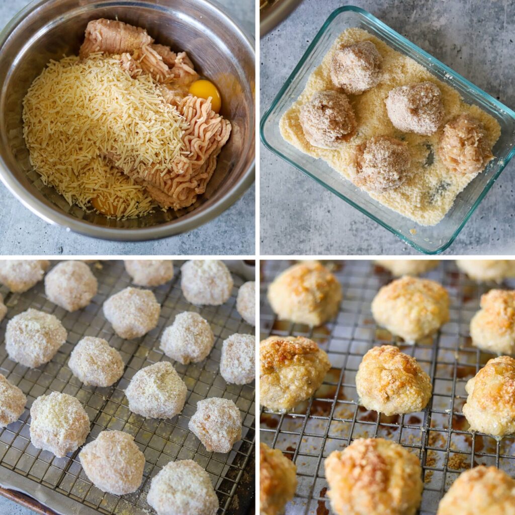 a four image collage showing the steps for making chicken parmesan meatballs