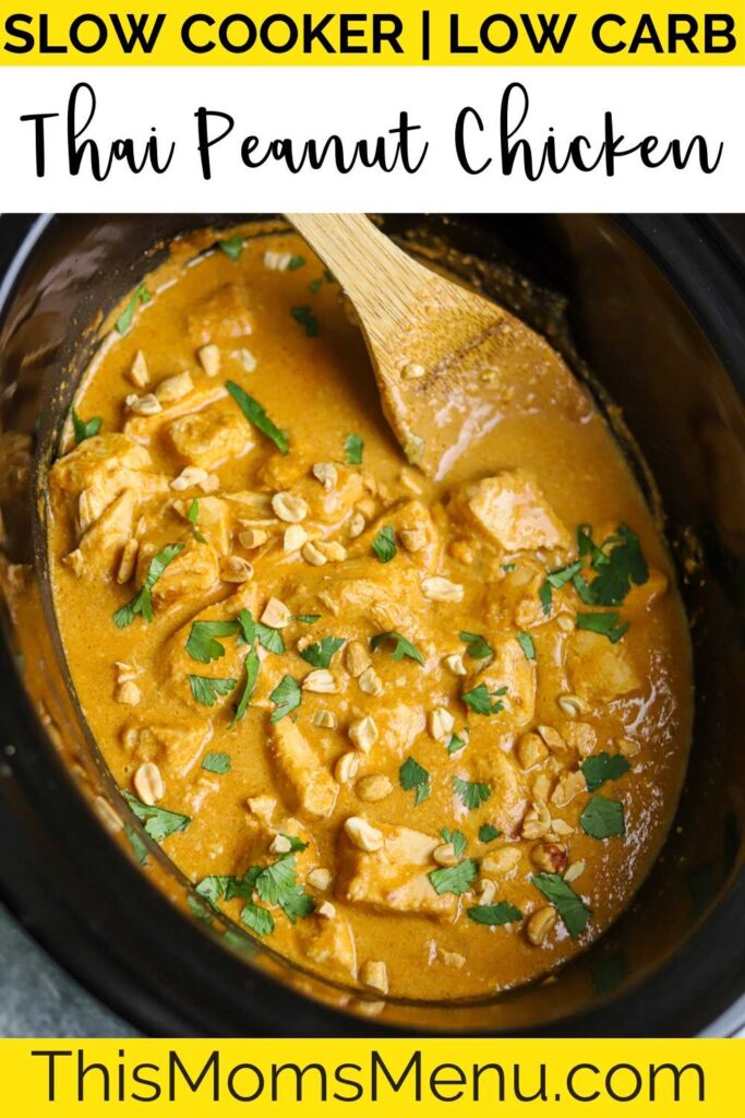 a slow cooker full of thai peanut curry with text overlay
