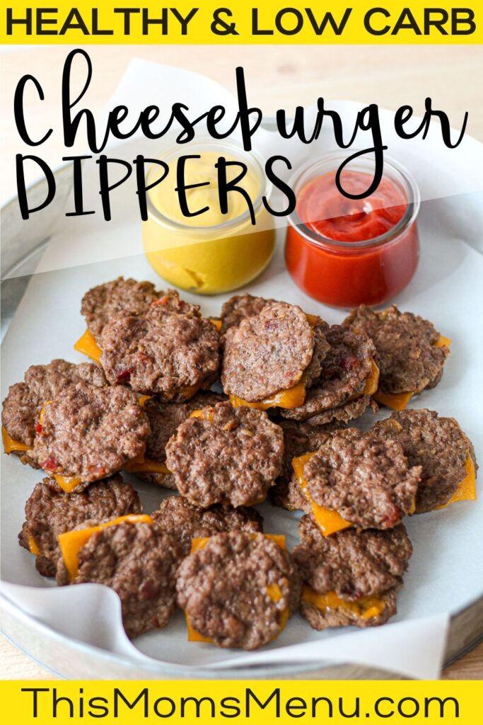 Bacon Cheeseburger dippers on a platter with dipping sauces off to the side and text overlay