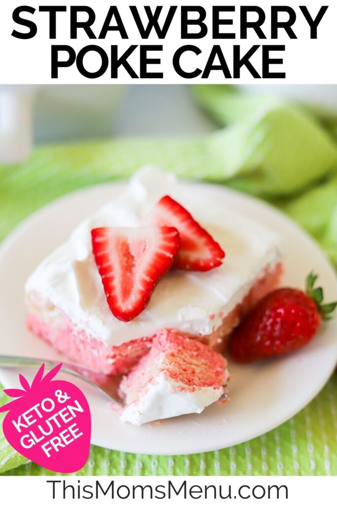 strawberry cake on a white plate with text overlay
