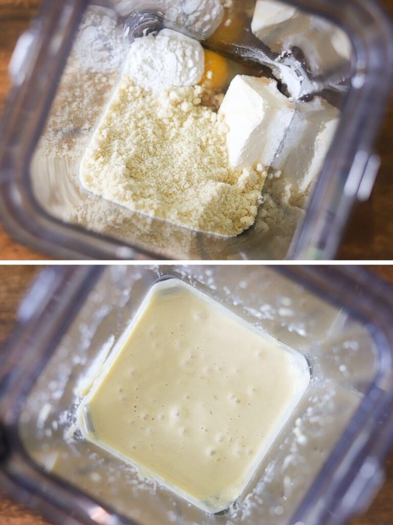 a two image collage showing keto pancake batter in a blender, before and after blending
