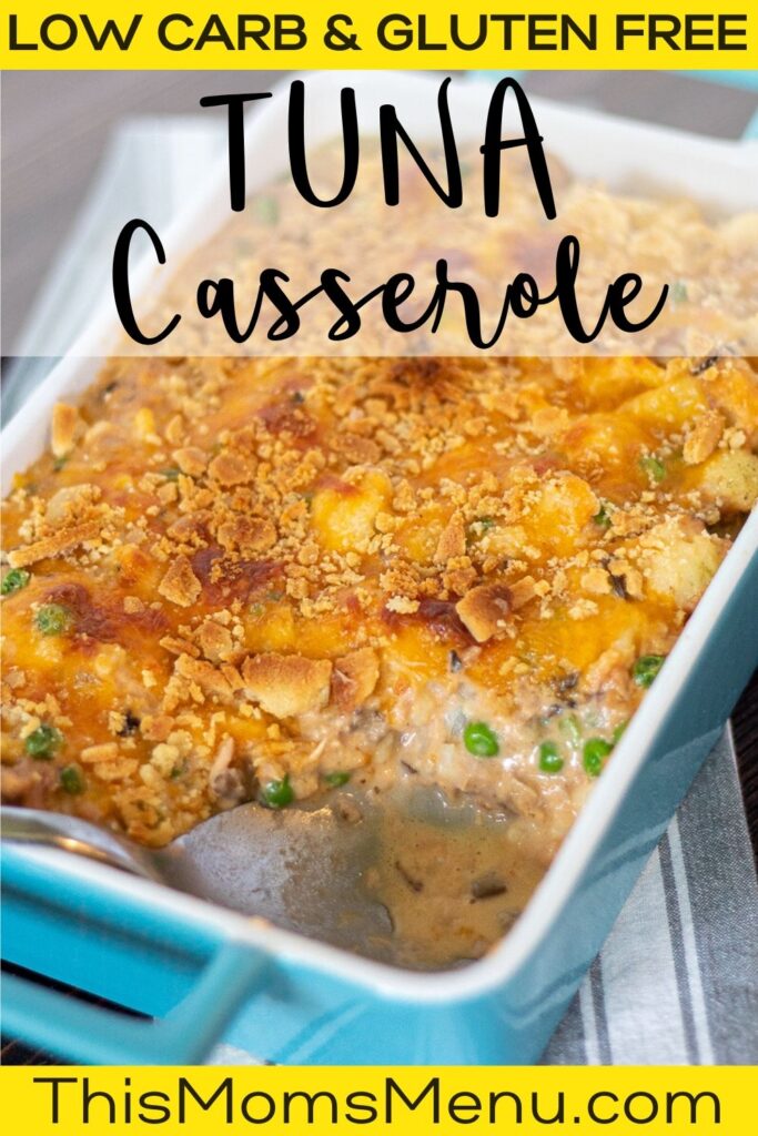 Tuna casserole with cauliflower in a blue baking dish with text overlay