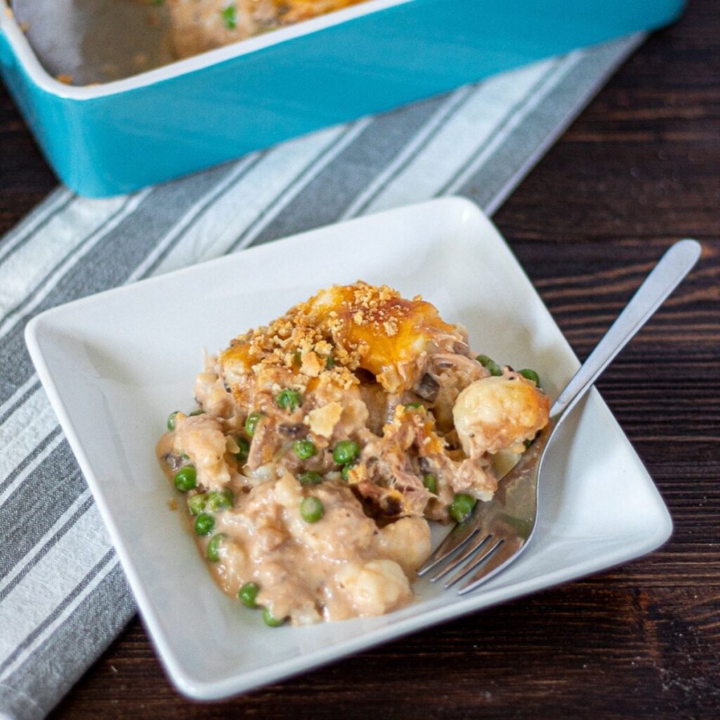 a square white bowl full of low carb tuna casserole