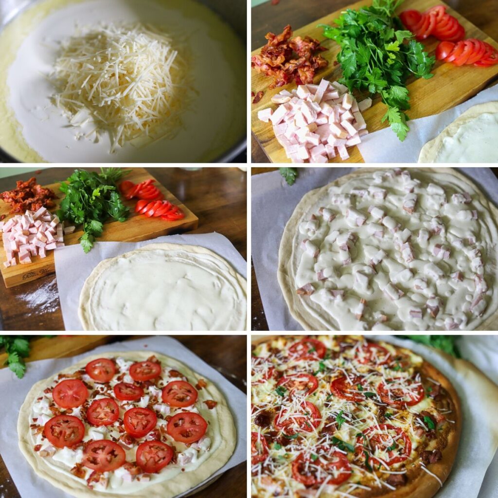  six image collage showing the steps for making hot brown pizza