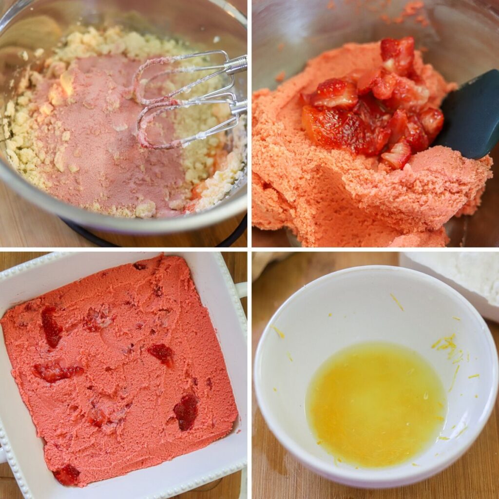a four image collage showing the steps for making keto strawberry dessert bars