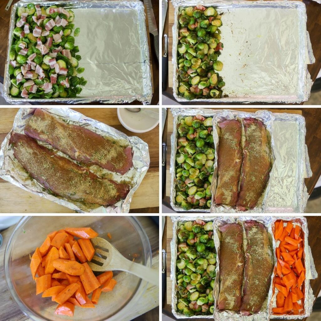 a siz image collage showing the step for making a sheet pan pork tenderloin with carrots and brussels sprouts. 