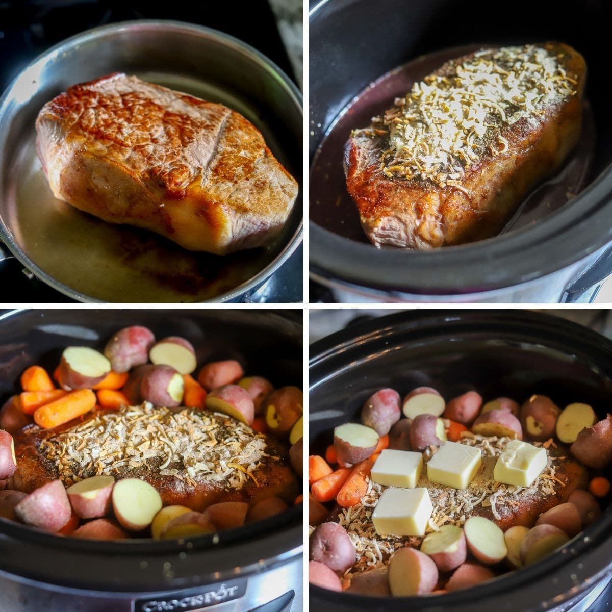 a four image collage showing the steps for making a red wine beef roast with carrots and potatoes