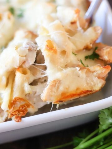 A close up image of chicken alfredo casserole being scooped out of a casserole dish.