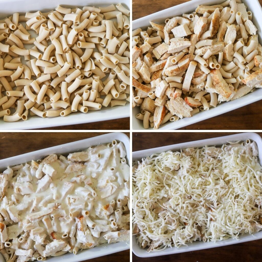 a four image collage showing the steps for making a chicken alfredo casserole.