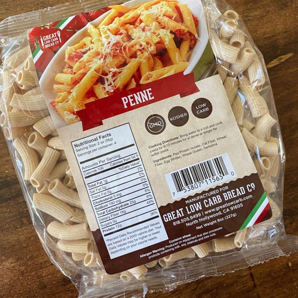 Low Carb Pasta in a package on a wooden table