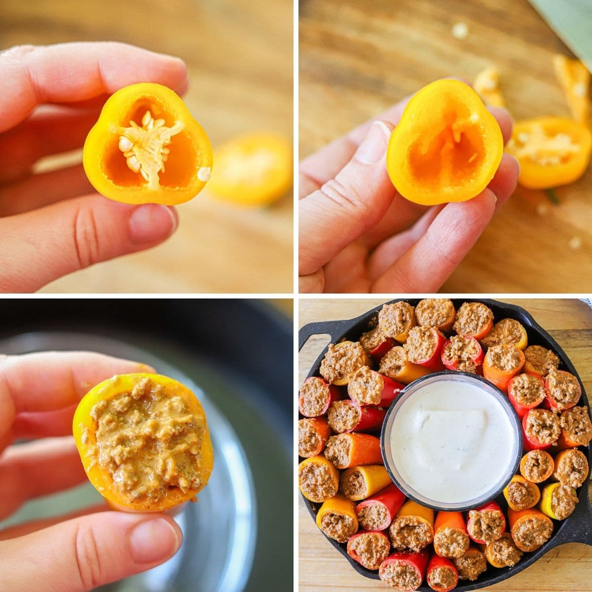 a four image collage showing the steps for stuffing mini bell peppers