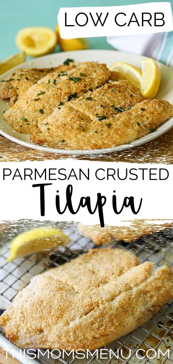 Two images of tilapia baked with a parmesan cheese crust and a text overlay