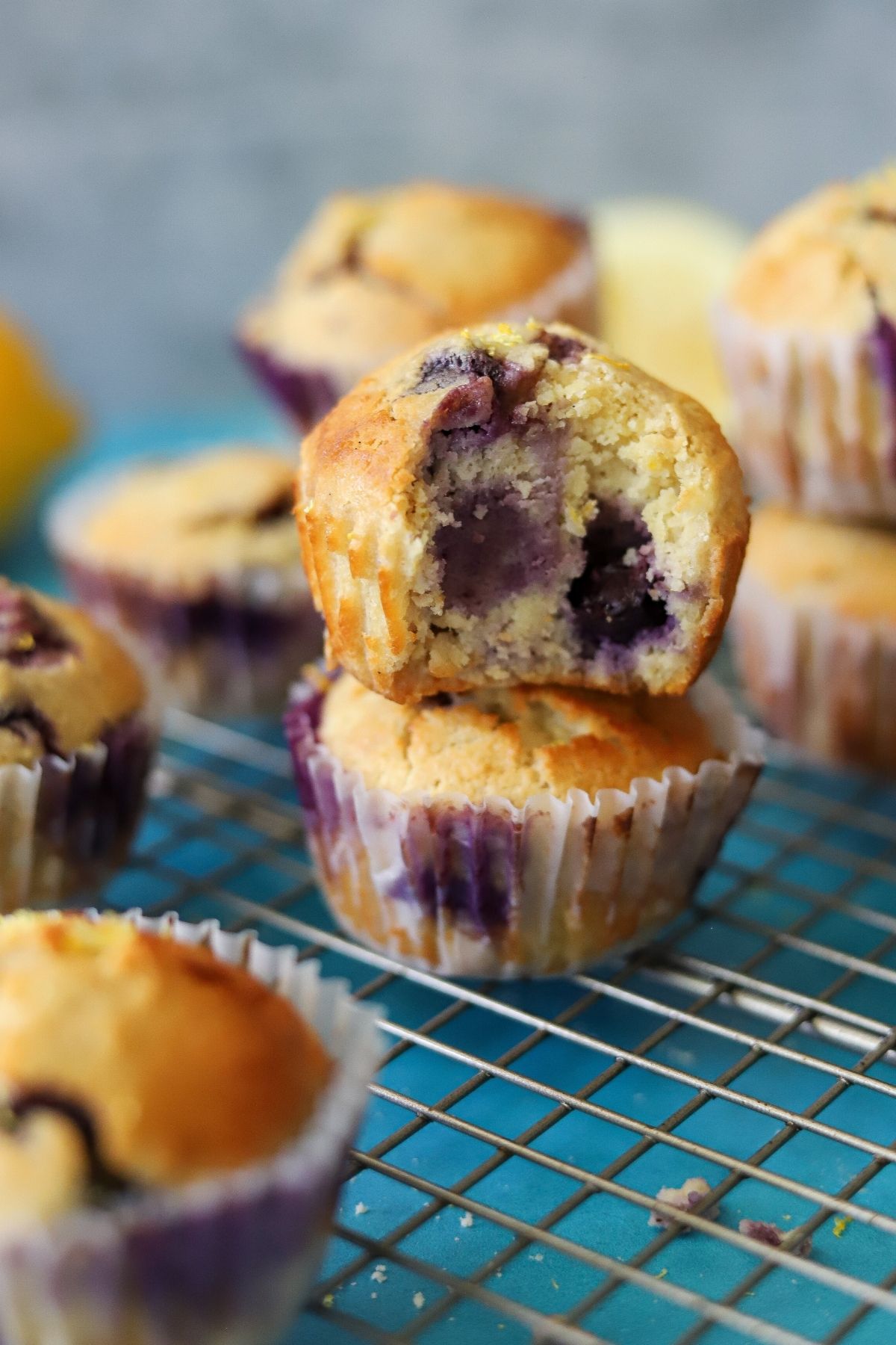 Homemade lemon blueberry muffins sticked up on a cooling rack. The top muffin has one bite missing.